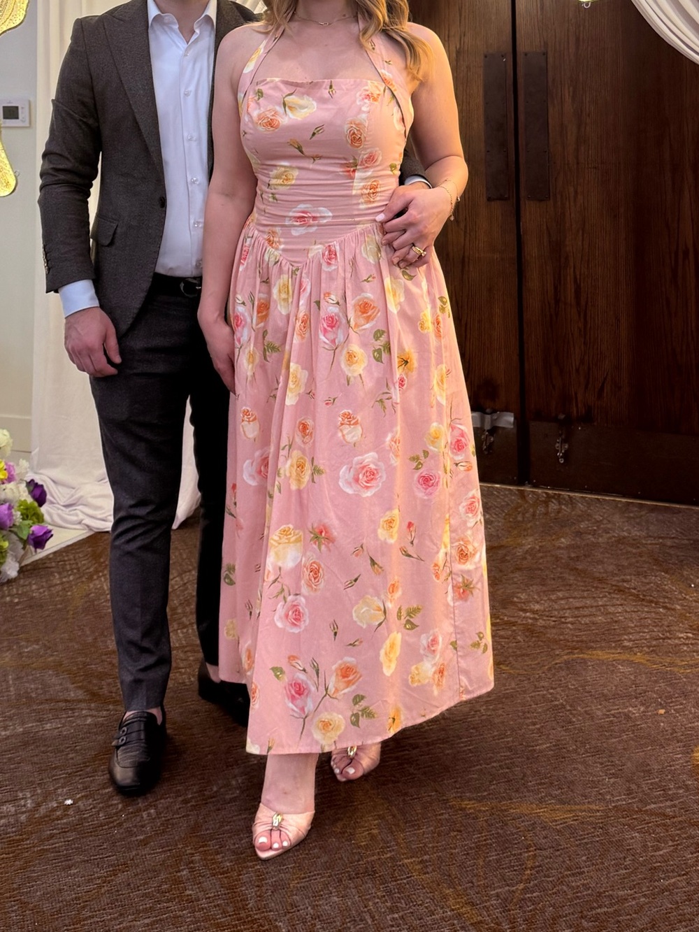 Fashion Nova Pink Floral Halter Midi Dress